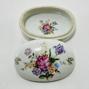 Vintage Kpm Arnart Trinket Box 4” Porcelain Lid Flower White Storage Oval Japan